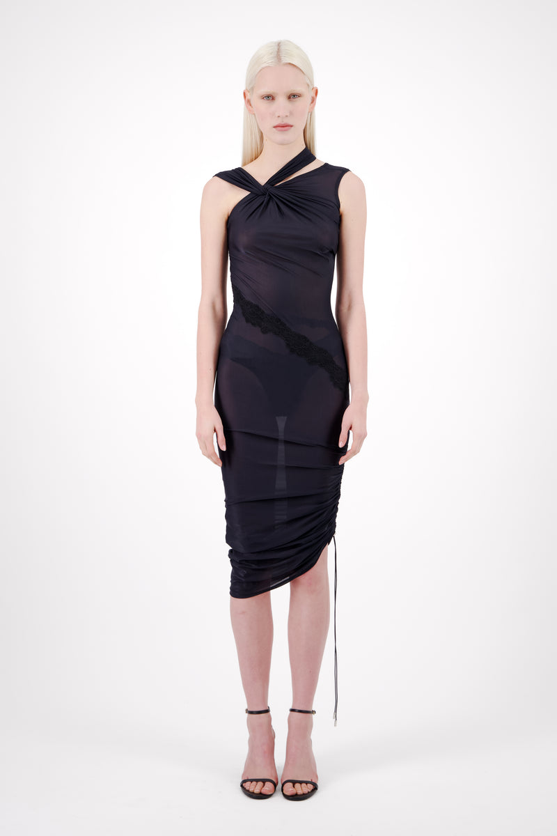 ASYMMETRIC JERSEY KNOTTED DRESS W/ TWIST NECKLINE