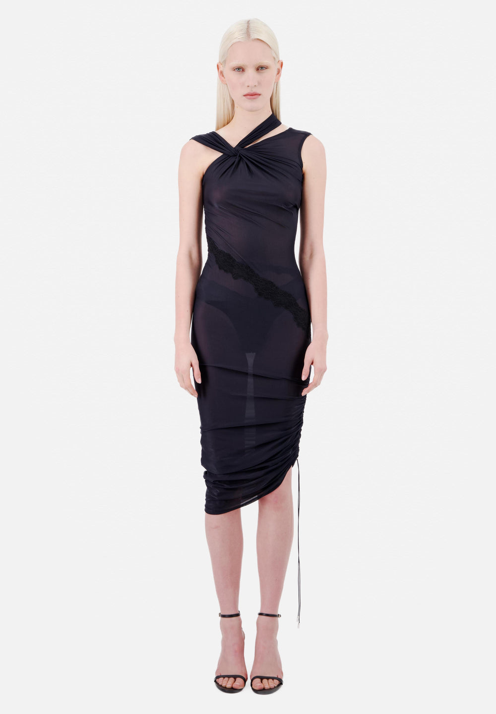 ASYMMETRIC JERSEY KNOTTED DRESS WITH TWIST NECKLINE