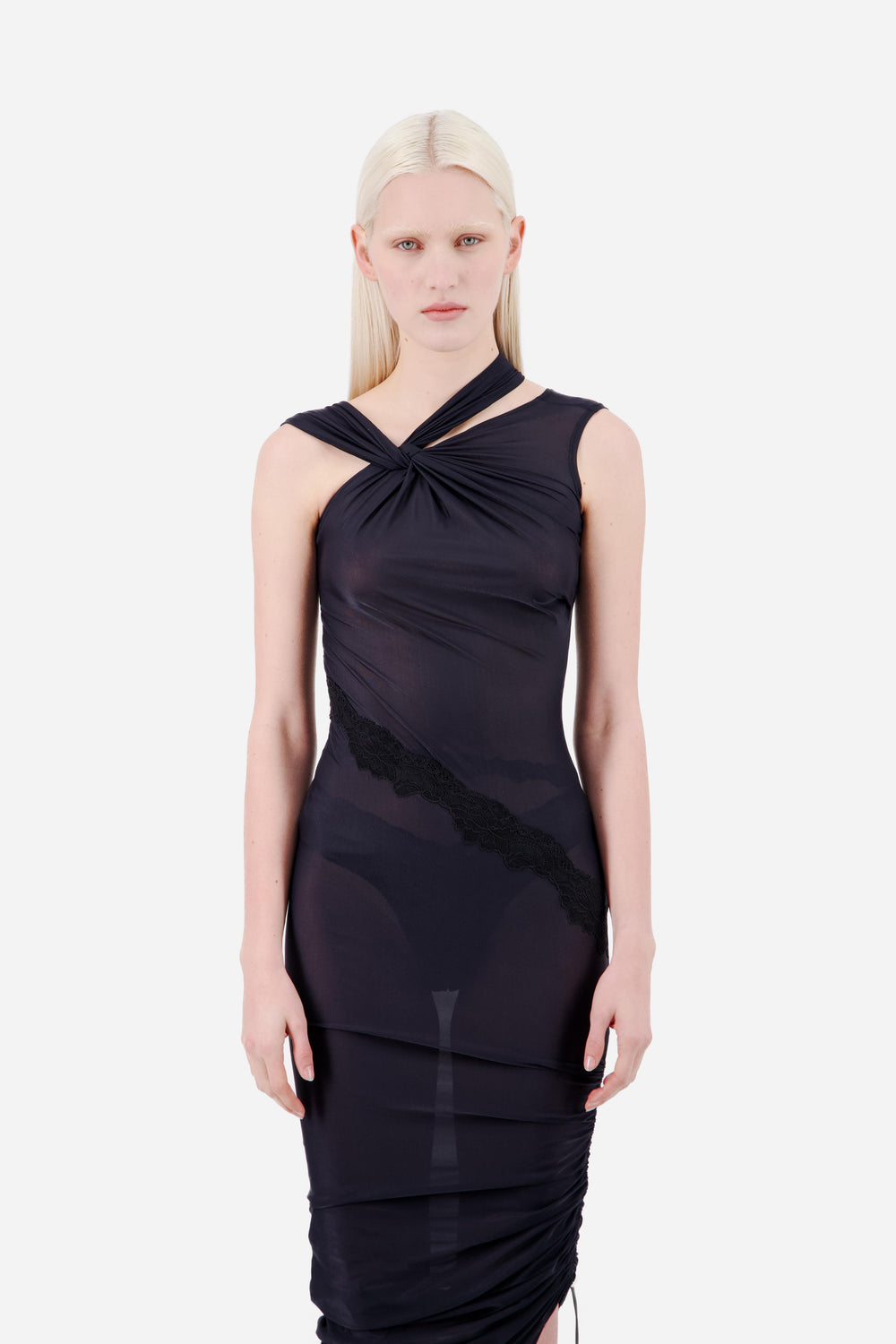 ASYMMETRIC JERSEY KNOTTED DRESS WITH TWIST NECKLINE