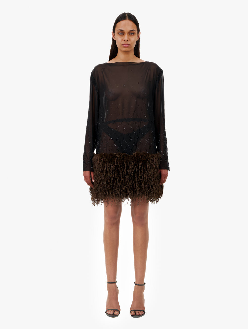 CHIFFON LONG SLEEVE MINI DRESS WITH FEATHERS AND STRASS - 3 Left