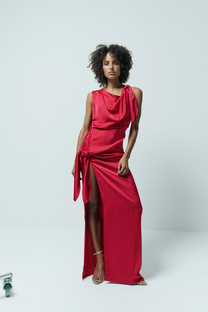 SLEEVELESS DRAPED MAXI DRESS WITH KNOT DETAILING