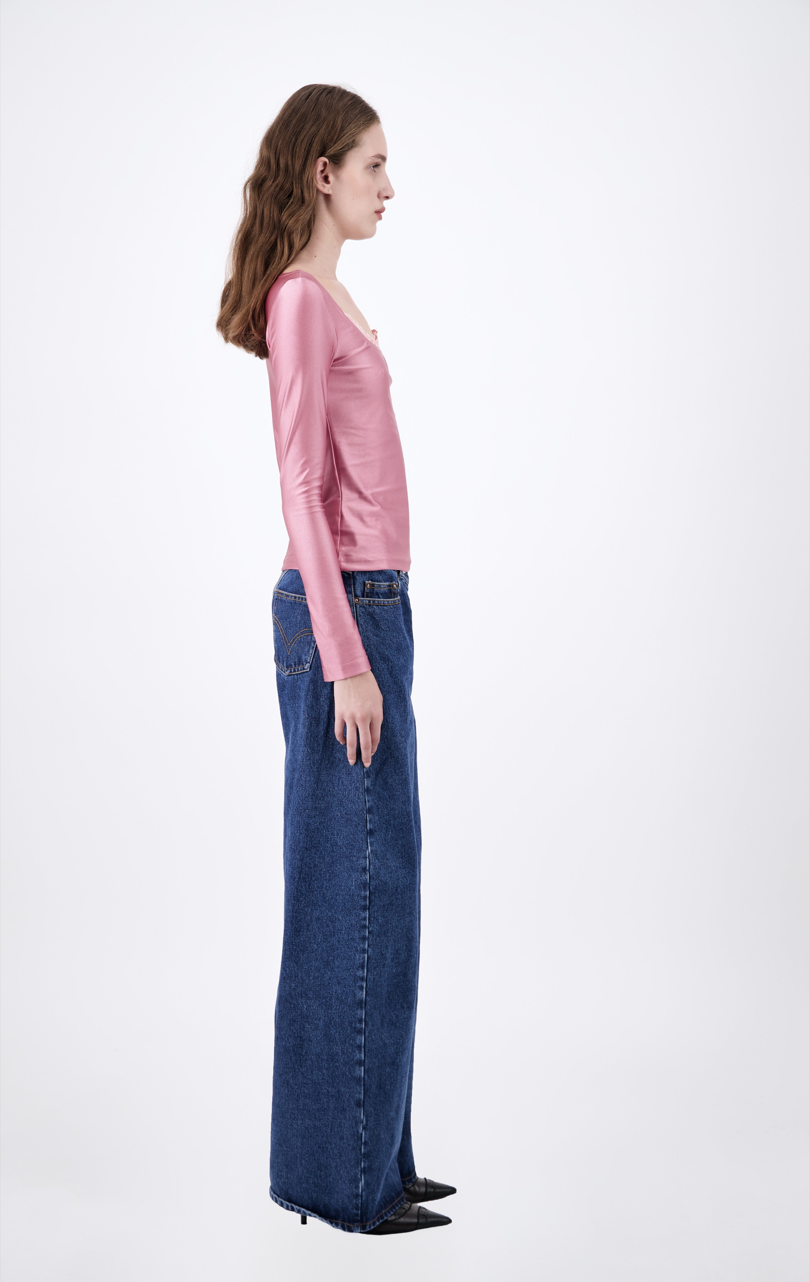 Fitted Long Sleeved Blush  Top with Asymmetrical Lace detail - Vaillant Studio