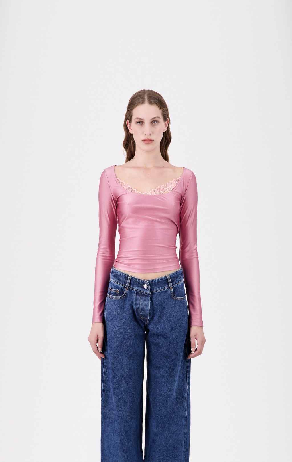 Fitted Long Sleeved Blush  Top with Asymmetrical Lace detail - Vaillant Studio