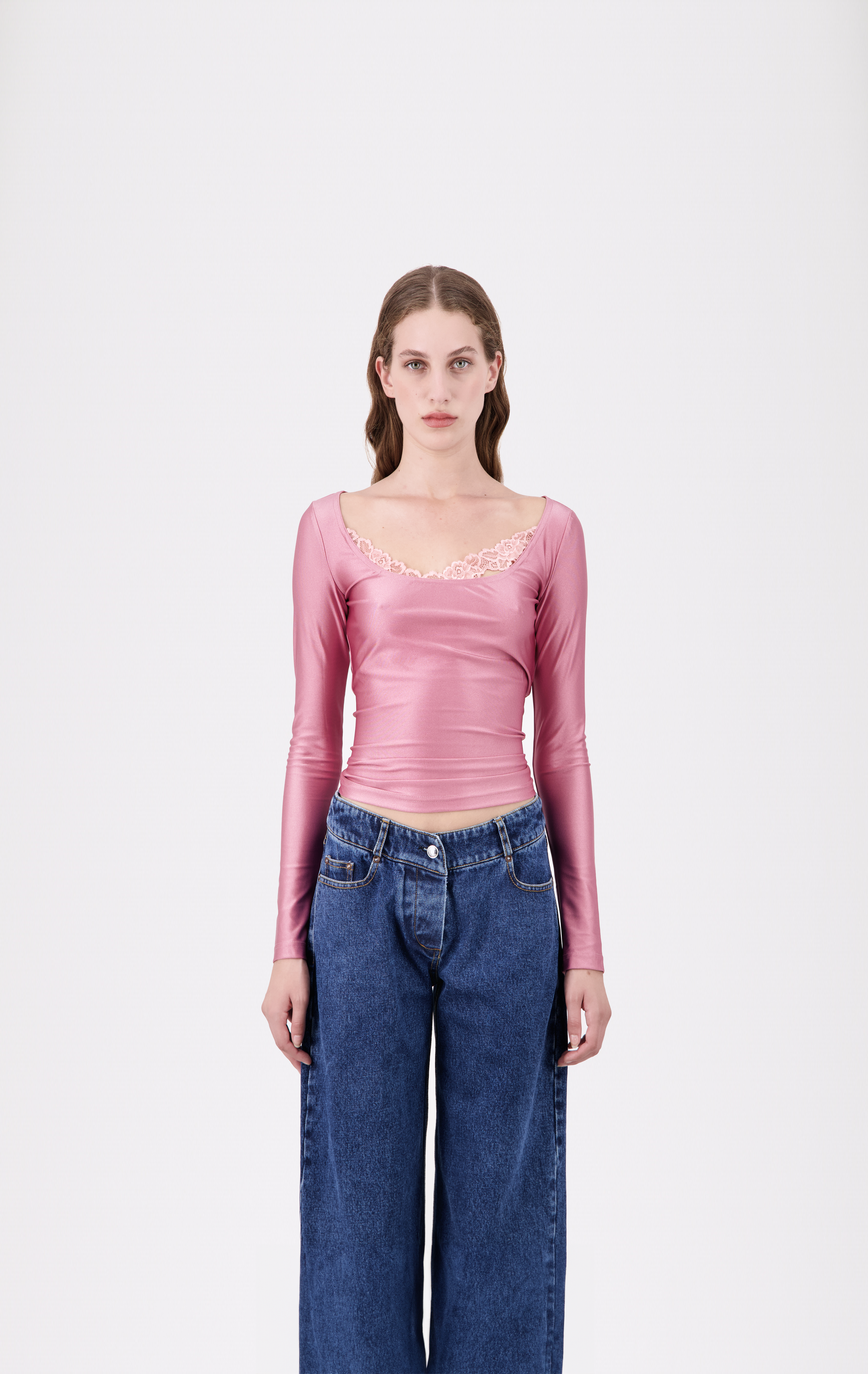 Fitted Long Sleeved Blush  Top with Asymmetrical Lace detail - Vaillant Studio