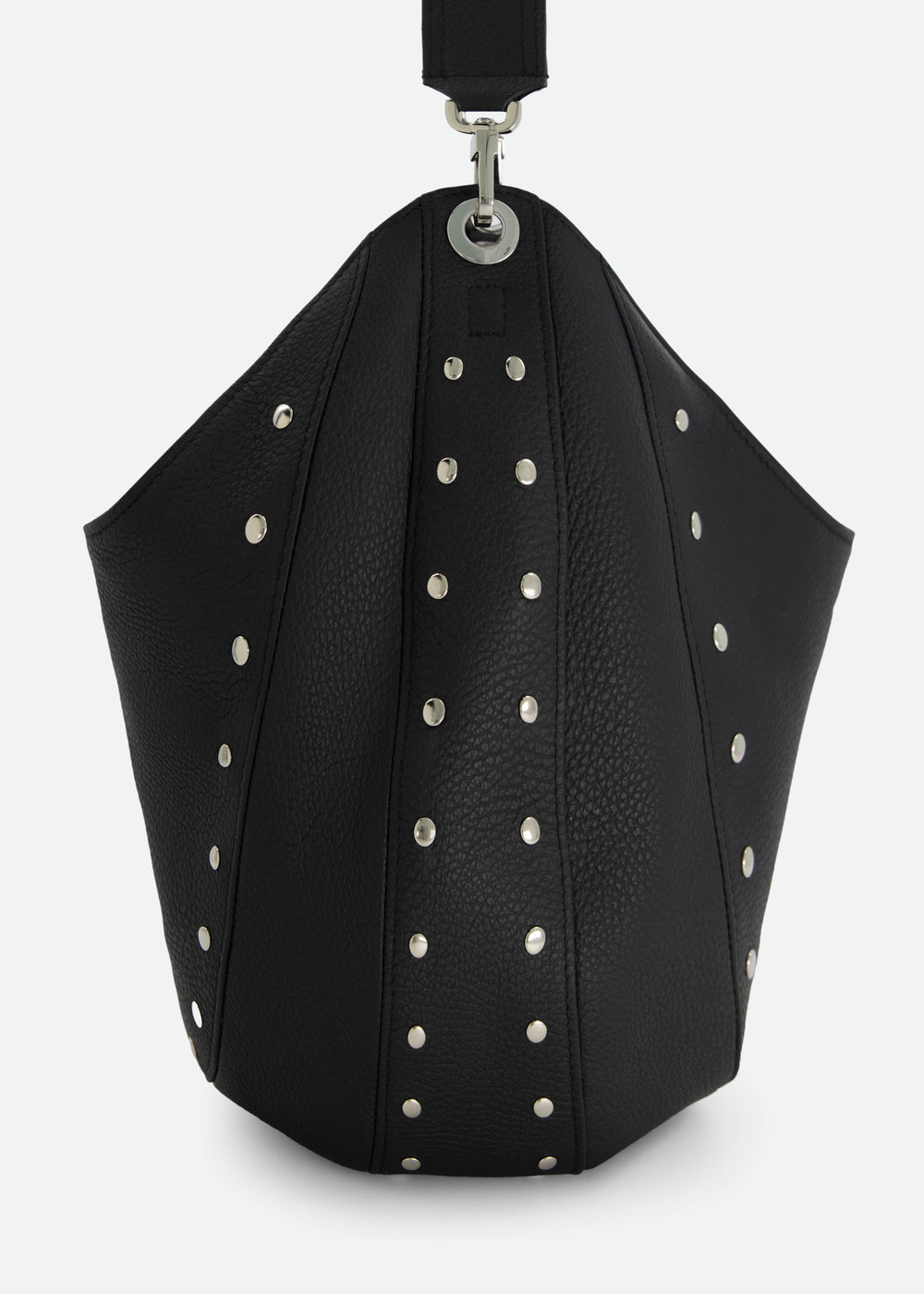 SMALL LEATHER BUCKET BAG W/ SWIVEL & STUD DETAILS