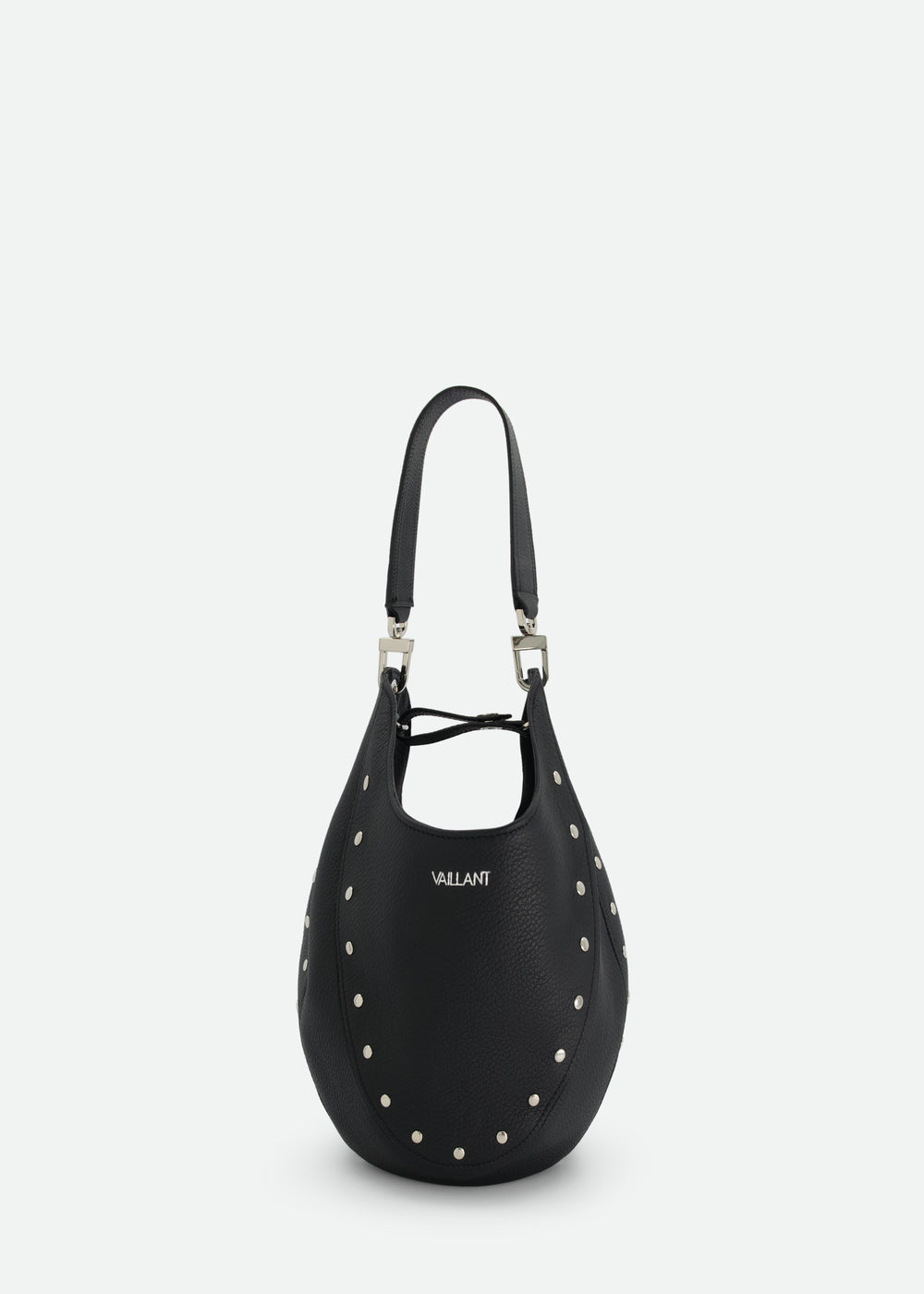 SMALL LEATHER BUCKET BAG W/ SWIVEL & STUD DETAILS