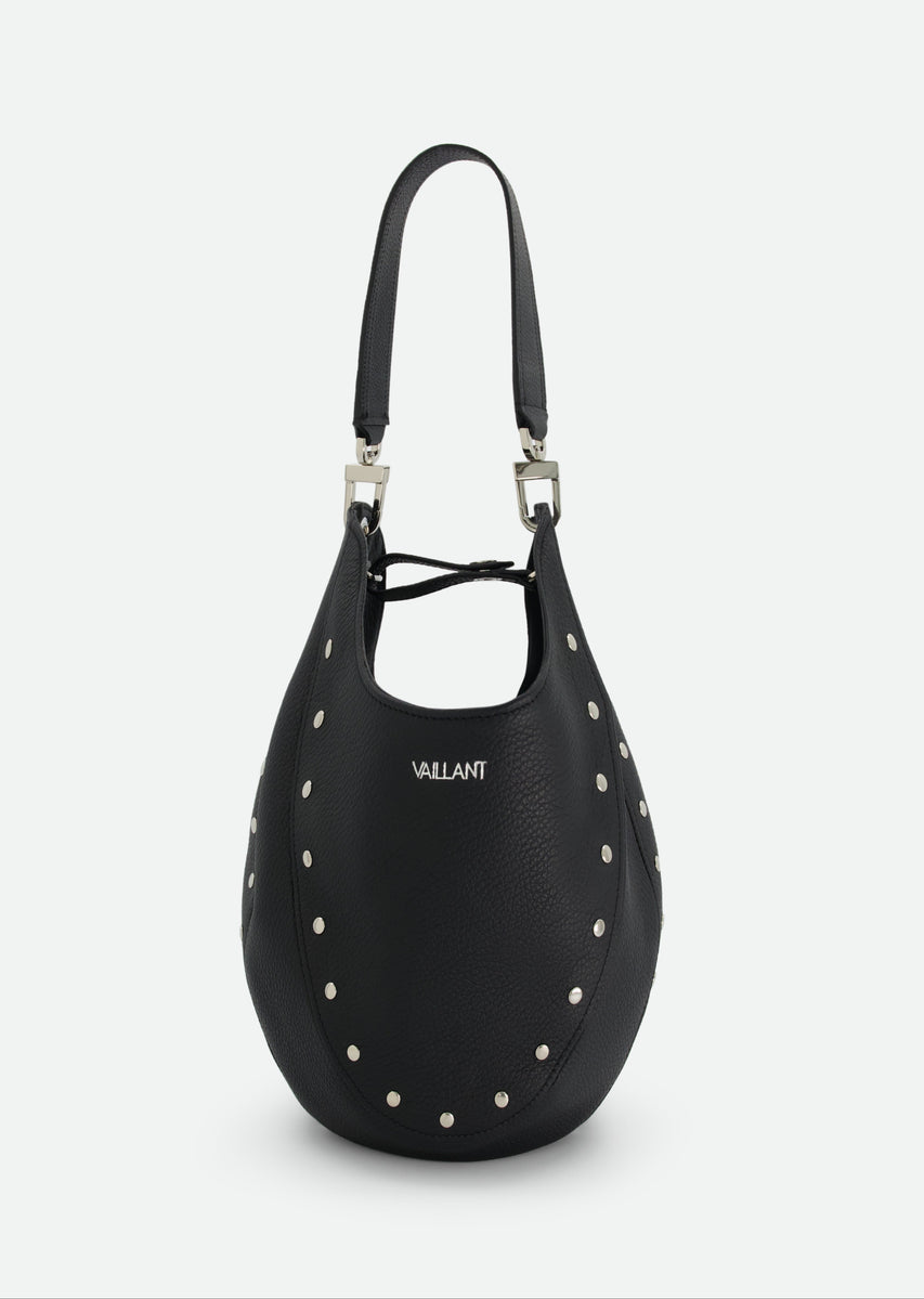 SMALL LEATHER BUCKET BAG W/ SWIVEL & STUD DETAILS