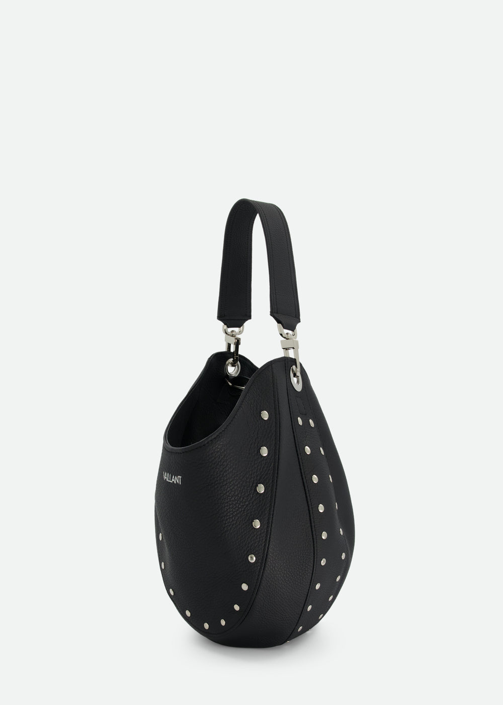 SMALL LEATHER BUCKET BAG W/ SWIVEL & STUD DETAILS