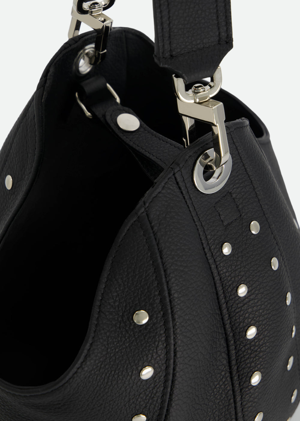 SMALL LEATHER BUCKET BAG W/ SWIVEL & STUD DETAILS