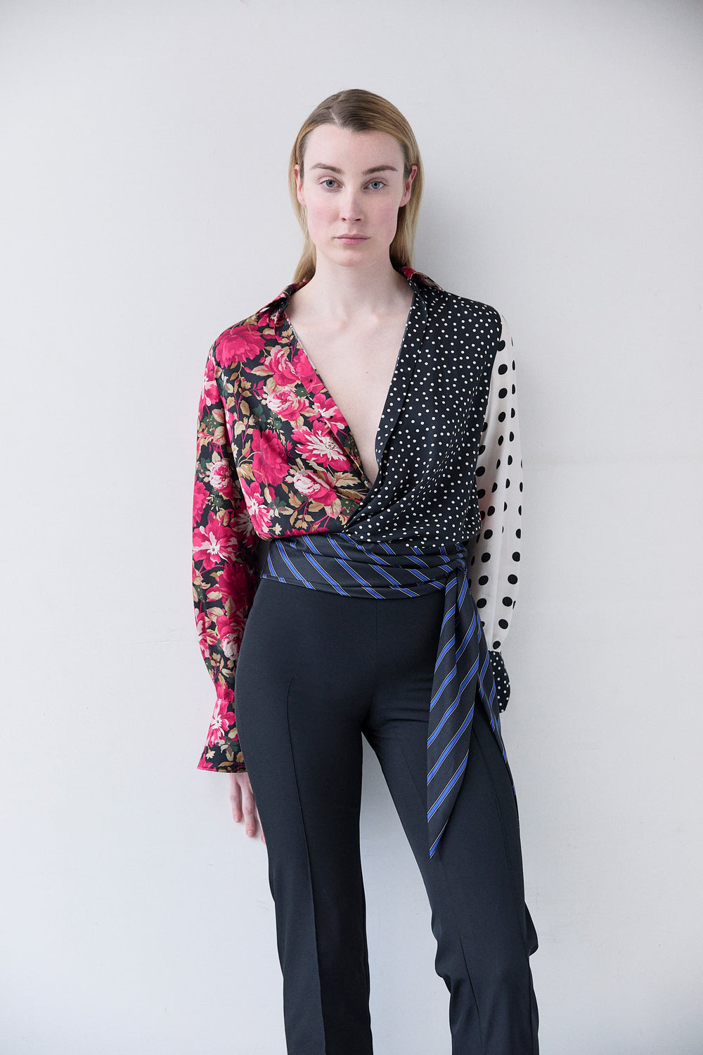 DRAPED PATCHWORK SILKY TWILL WRAP SHIRT