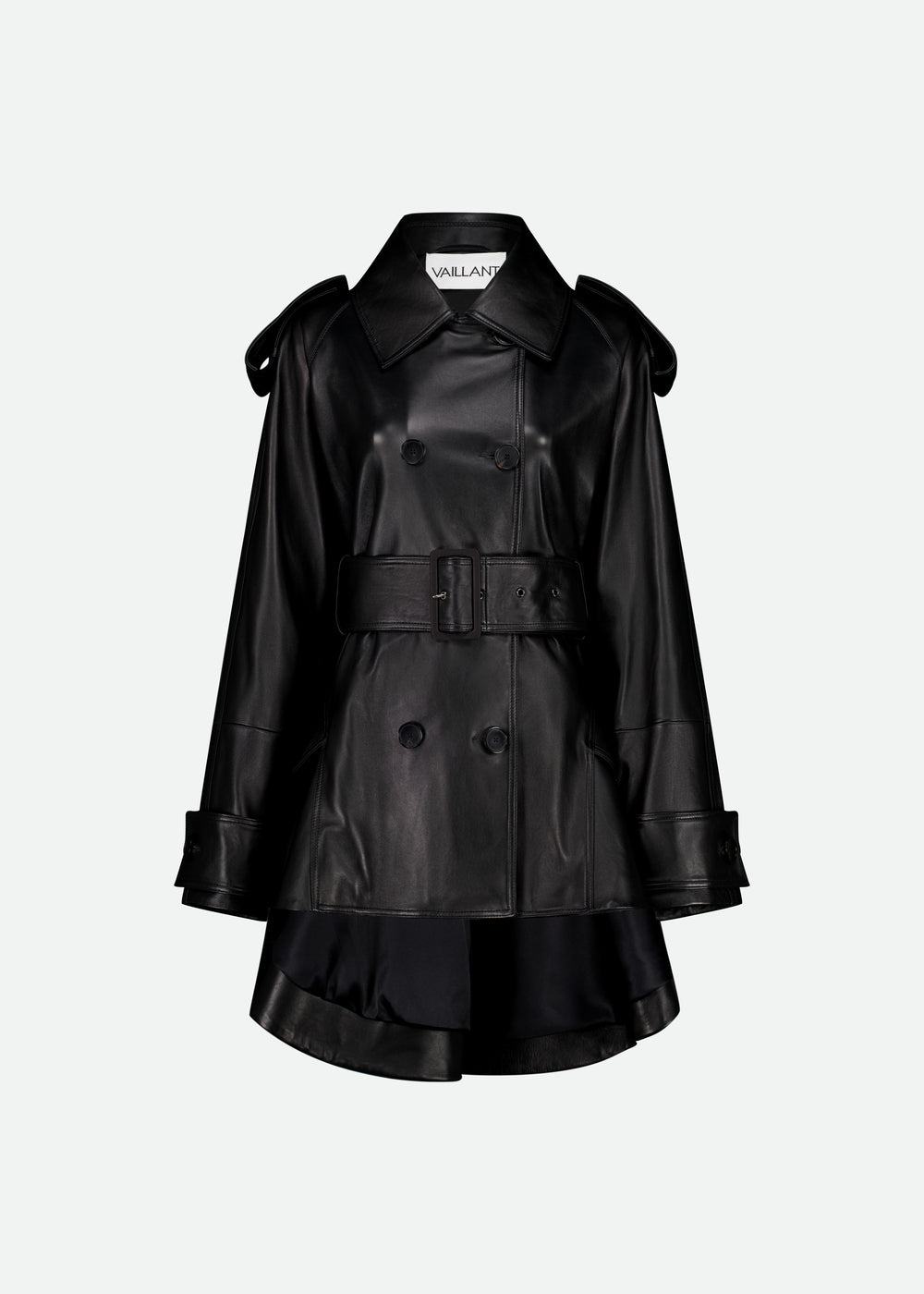 SHORT LEATHER TRENCH COAT W/ PEPLUM BACK