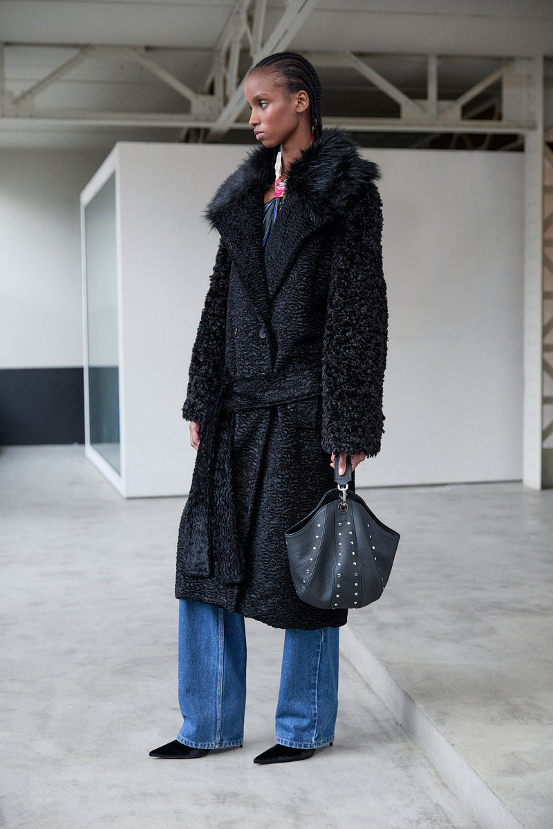 PATCHWORK FUR DOUBLE BREASTED TAILORED COAT