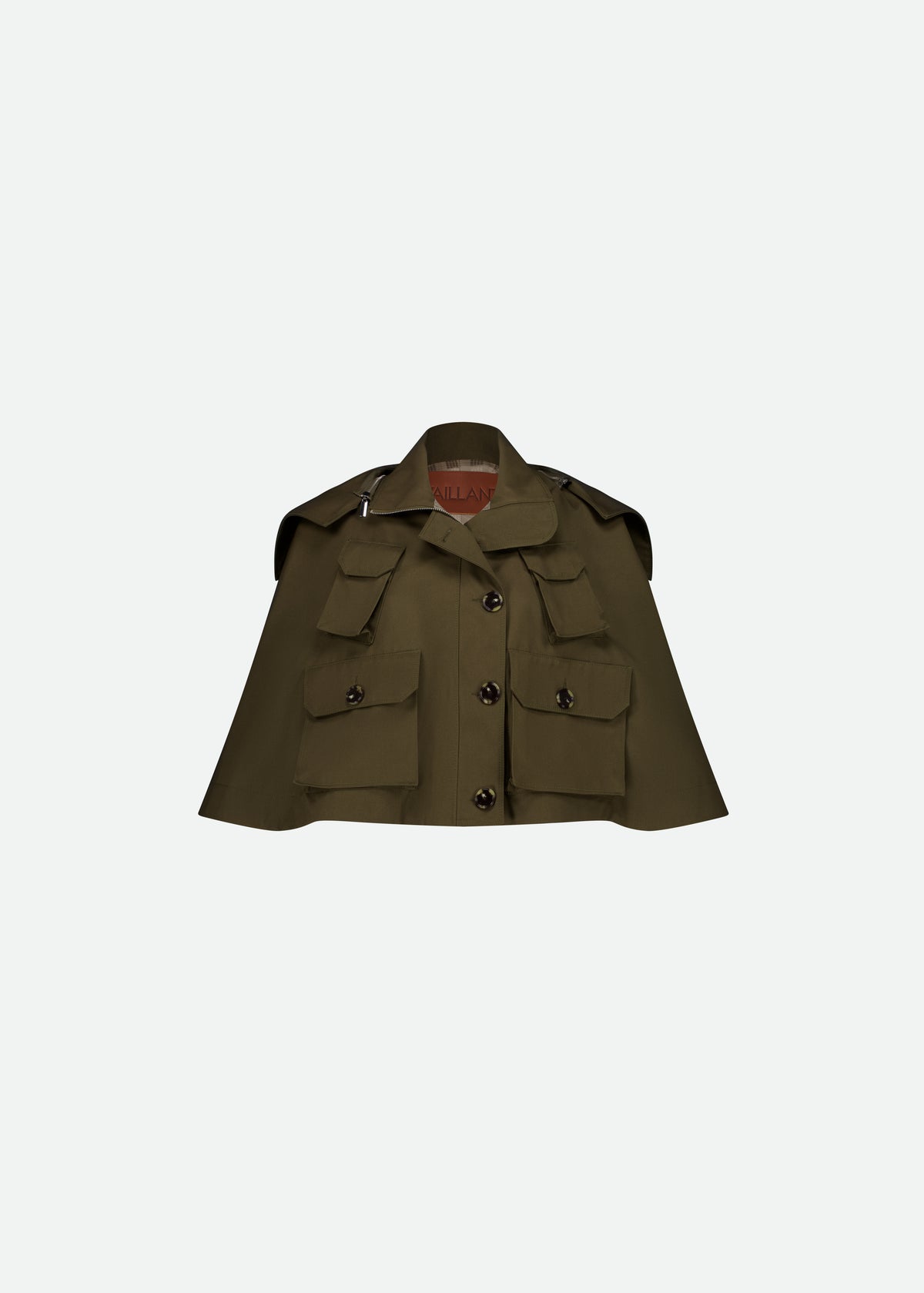 CROPPED TWILL MILITARY-STYLE KHAKI TRENCH CAPE