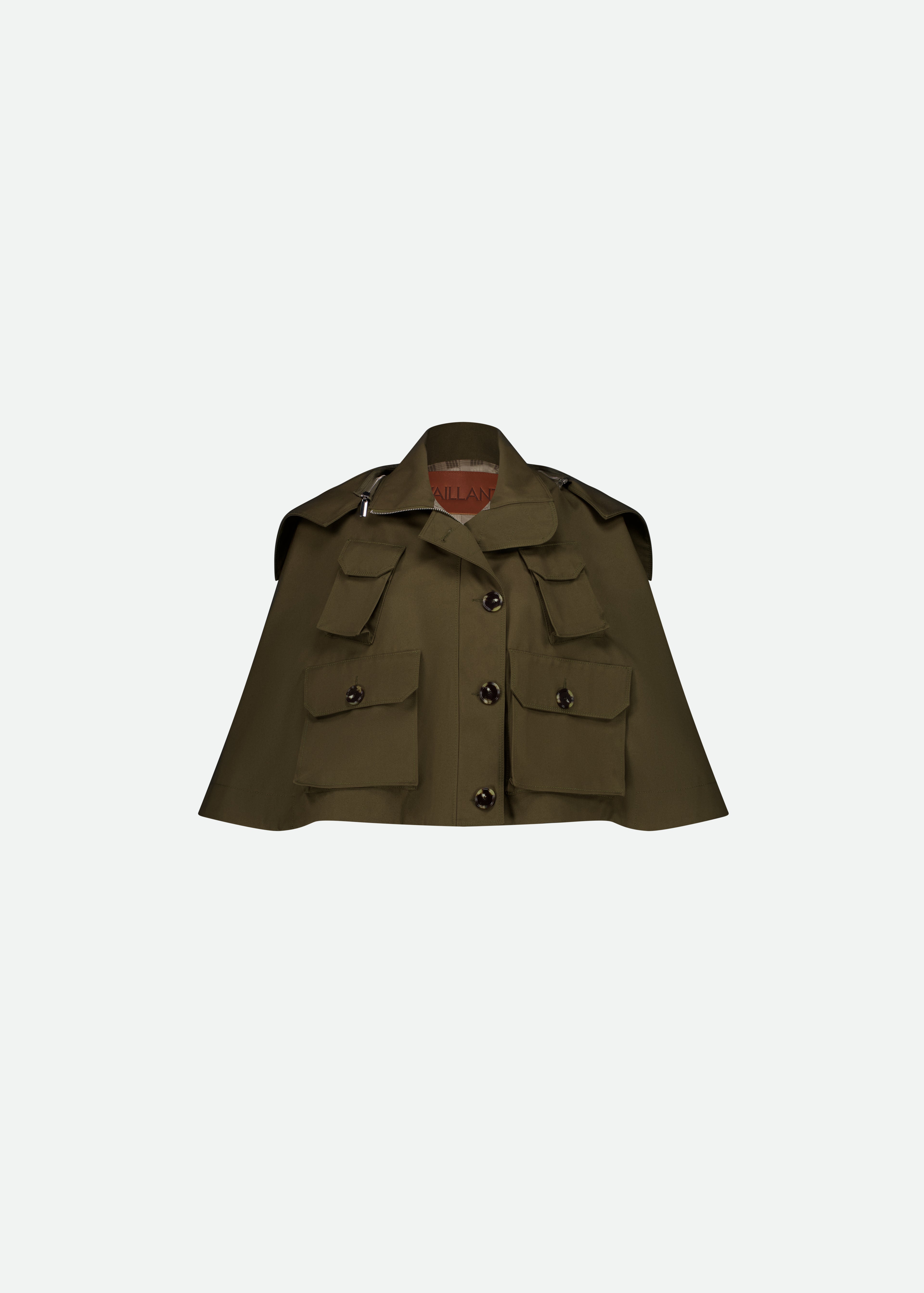 CROPPED TWILL MILITARY-STYLE KHAKI TRENCH CAPE