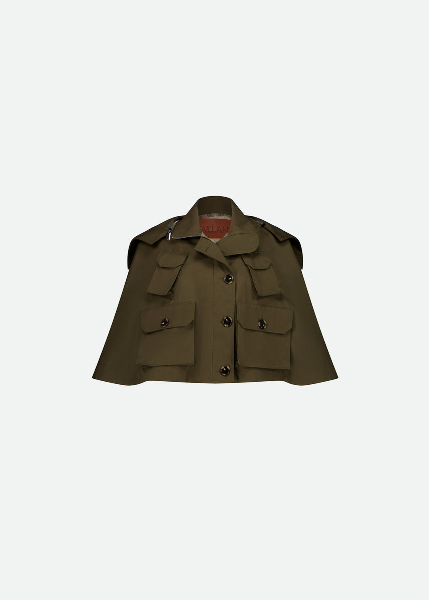CROPPED TWILL MILITARY-STYLE KHAKI TRENCH CAPE