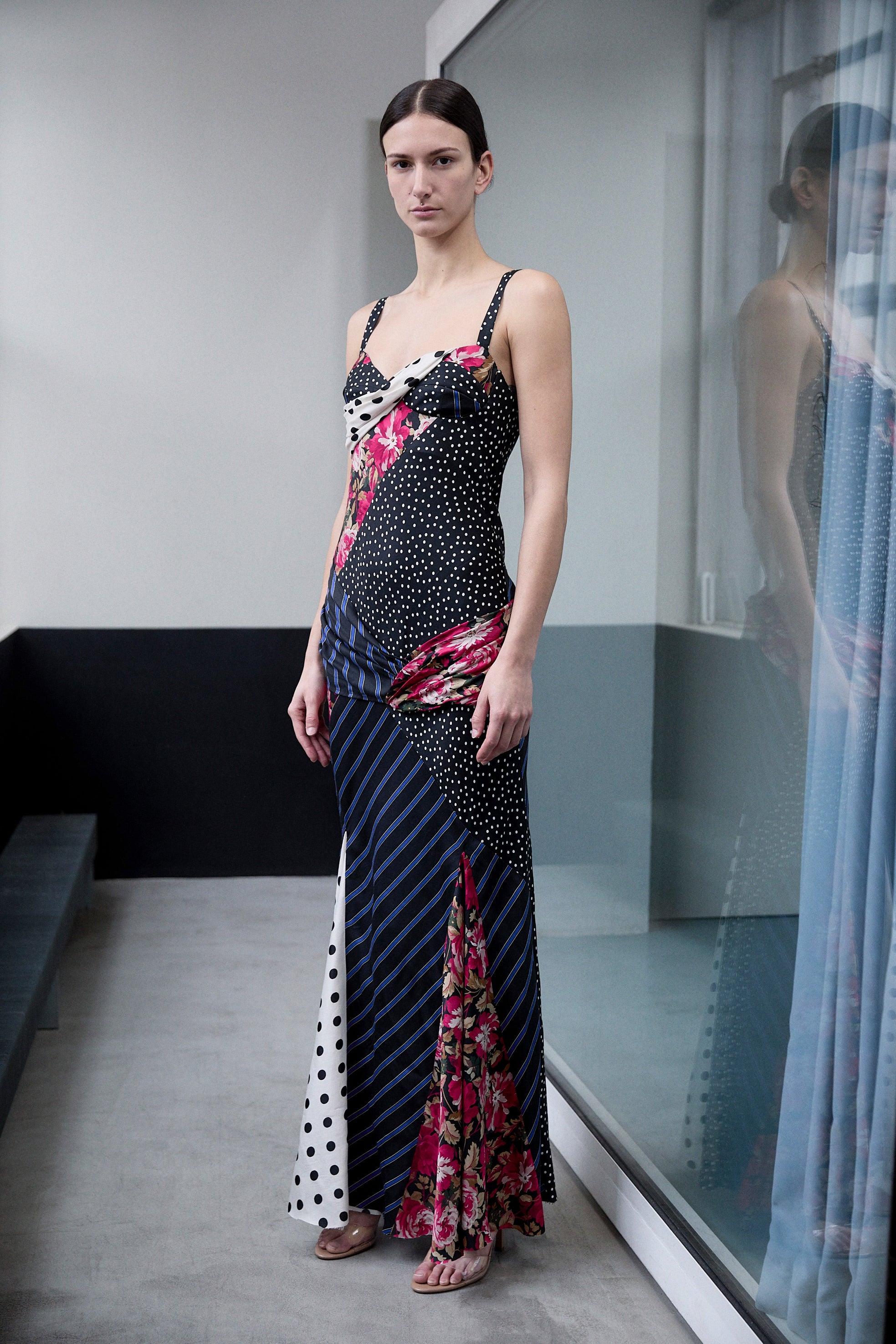 ASYMMETRIC PATCHWORK BIAS DRESS WITH  DRAPING DETAIL