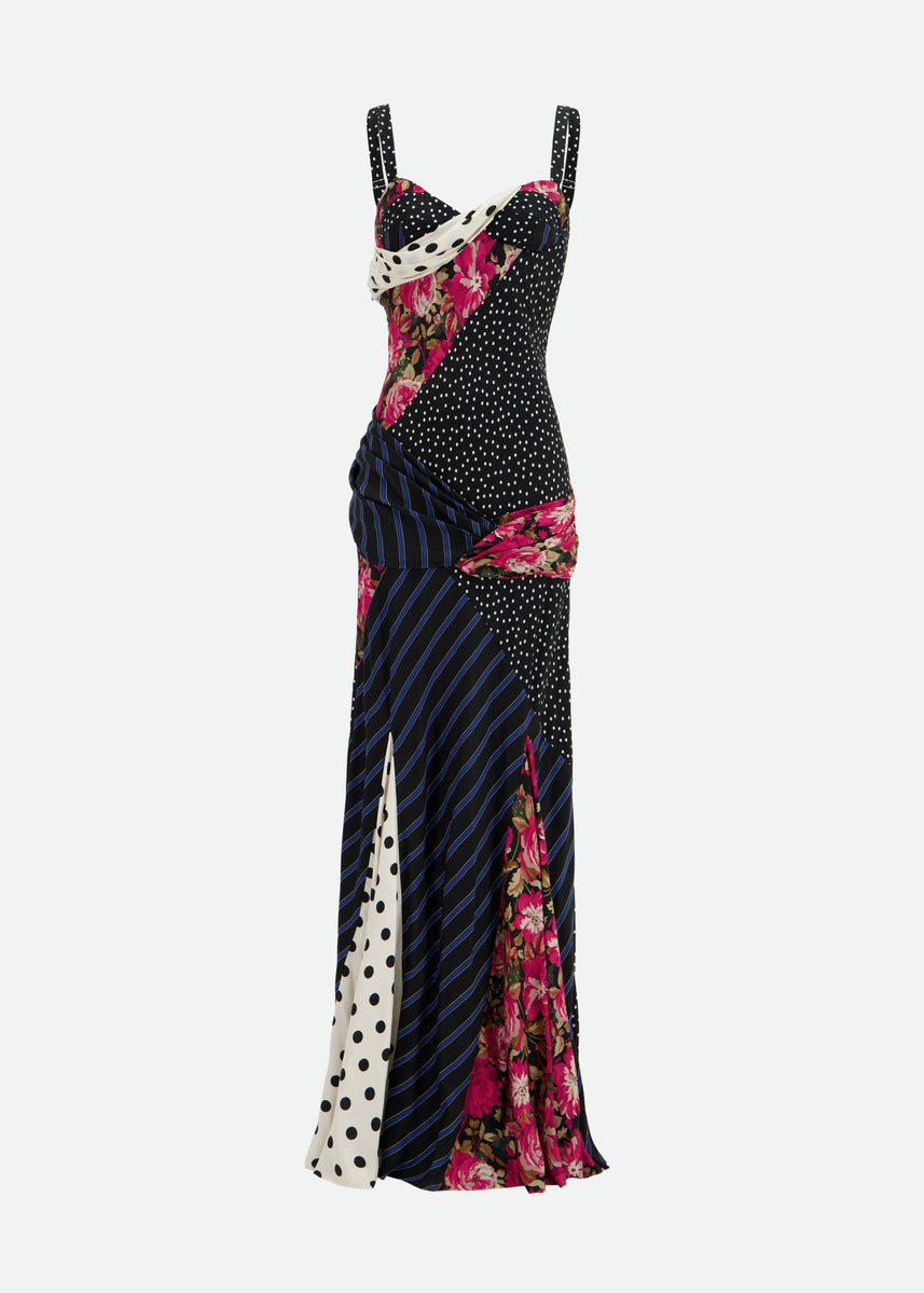 ASYMMETRIC PATCHWORK BIAS DRESS W/ DRAPING DETAIL