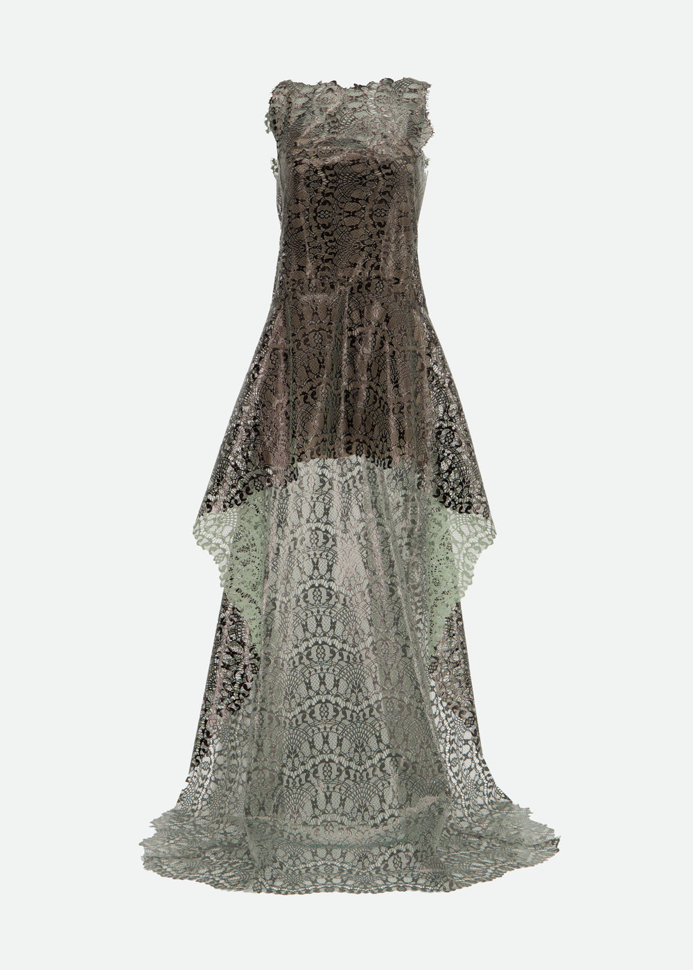 LAMINATED LACE SHIFT DRESS W/ ASYMMETRICAL HEM