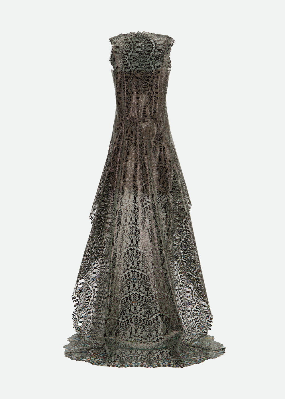 LAMINATED LACE SHIFT DRESS W/ ASYMMETRICAL HEM