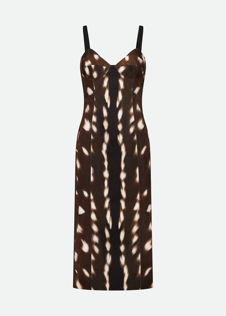 BUSTIER BODYCON PRINTED DRILL MIDI DRESS