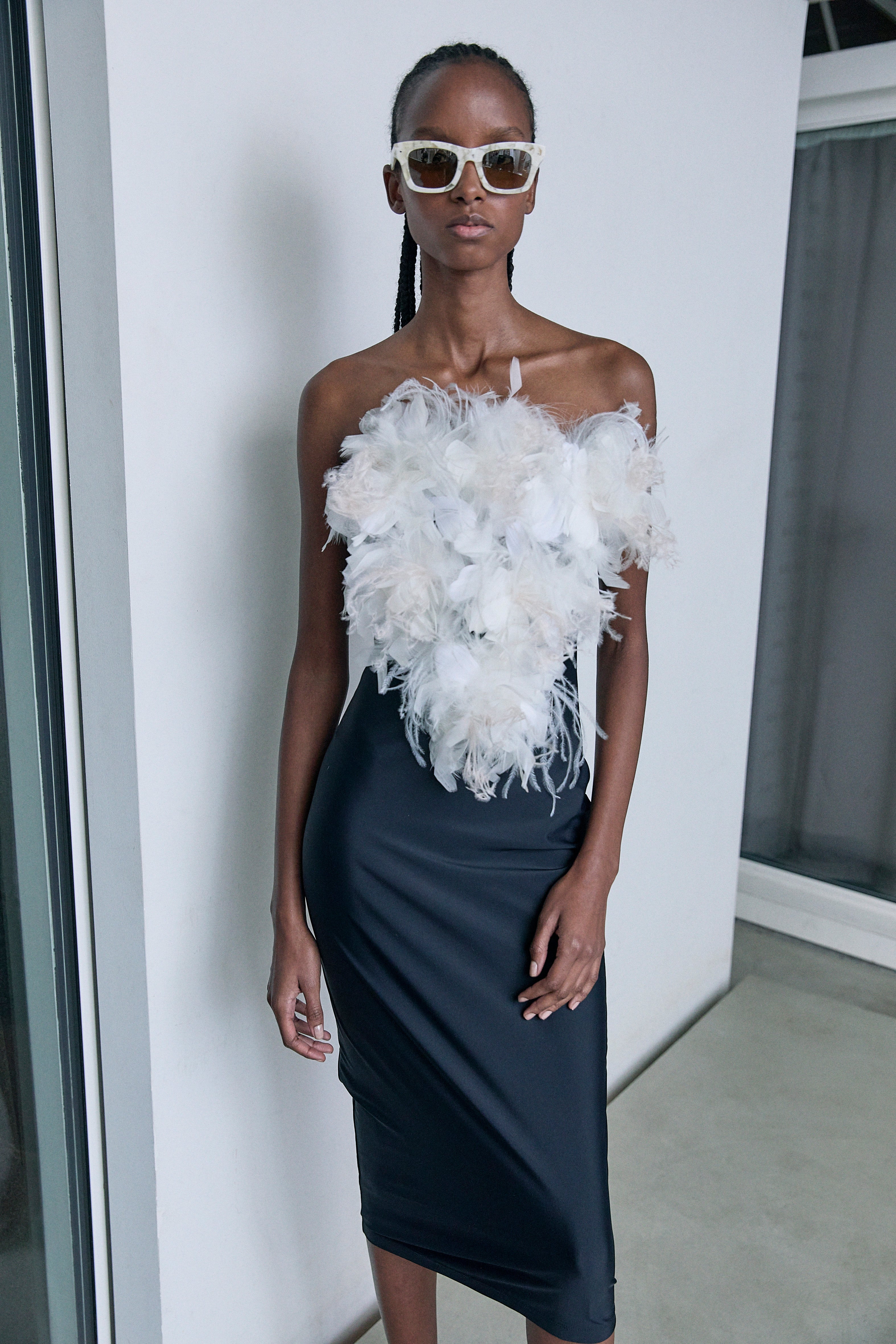 BODYCON JERSEY DRESS W/FEATHER BUST DETAILS - 4 LEFT