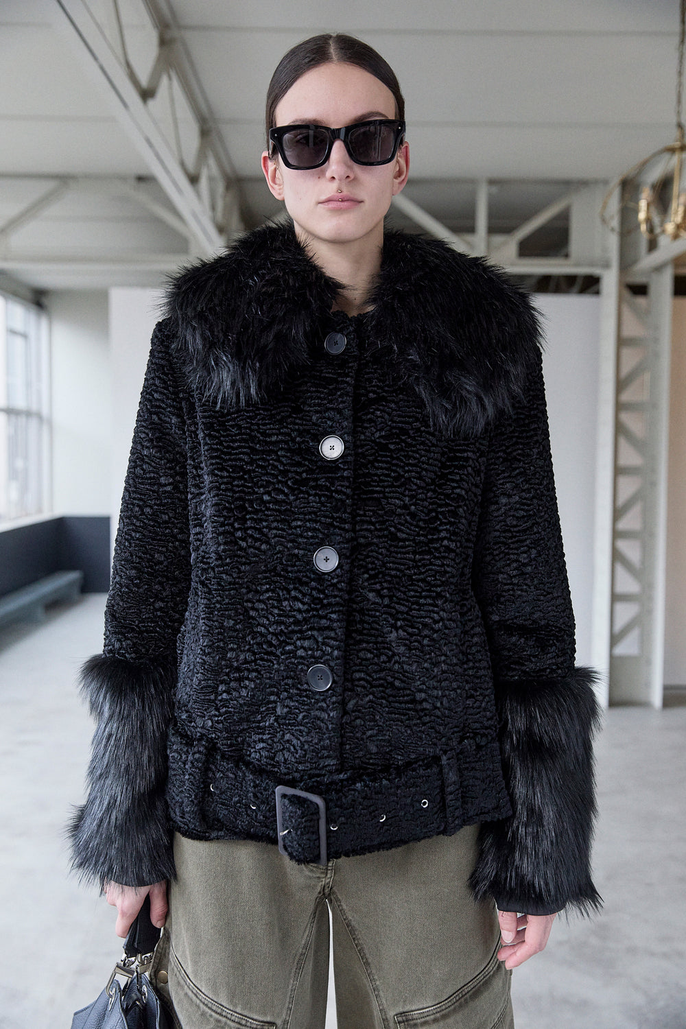 FAUX FUR BELTED CABAN COAT W/OVERSIZE COLLAR/CUFFS