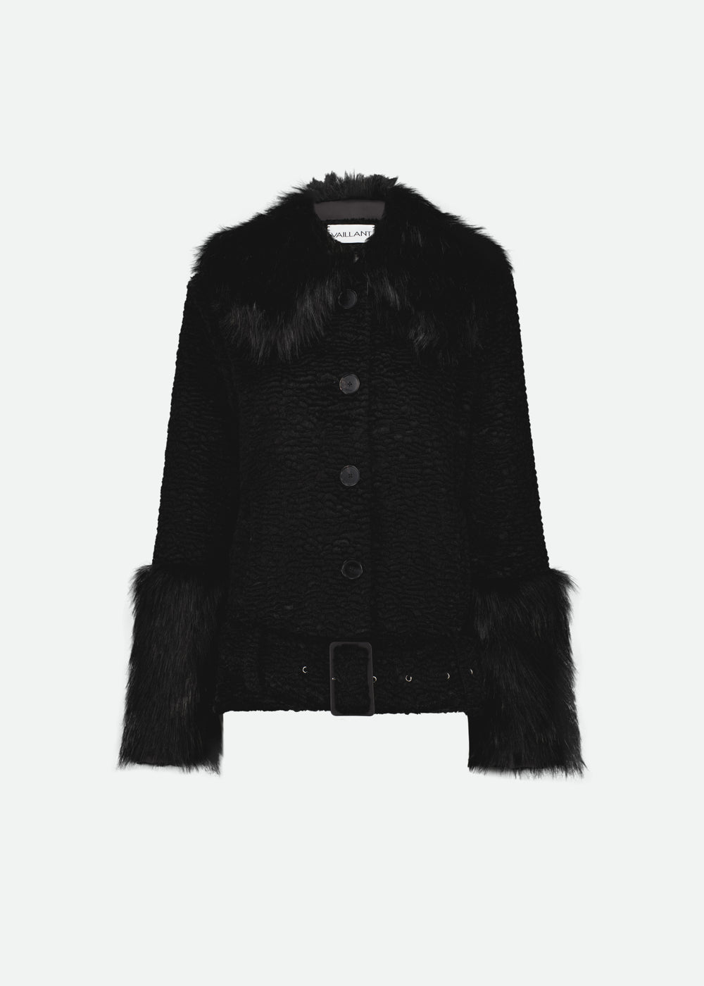 FAUX FUR BELTED CABAN COAT W/OVERSIZE COLLAR/CUFFS