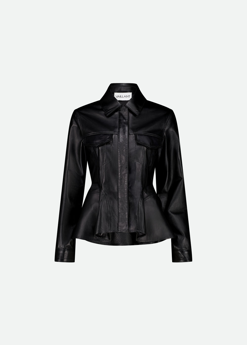 LEATHER TRUCKER JACKET W/ FLARED PEPLUM WAIST