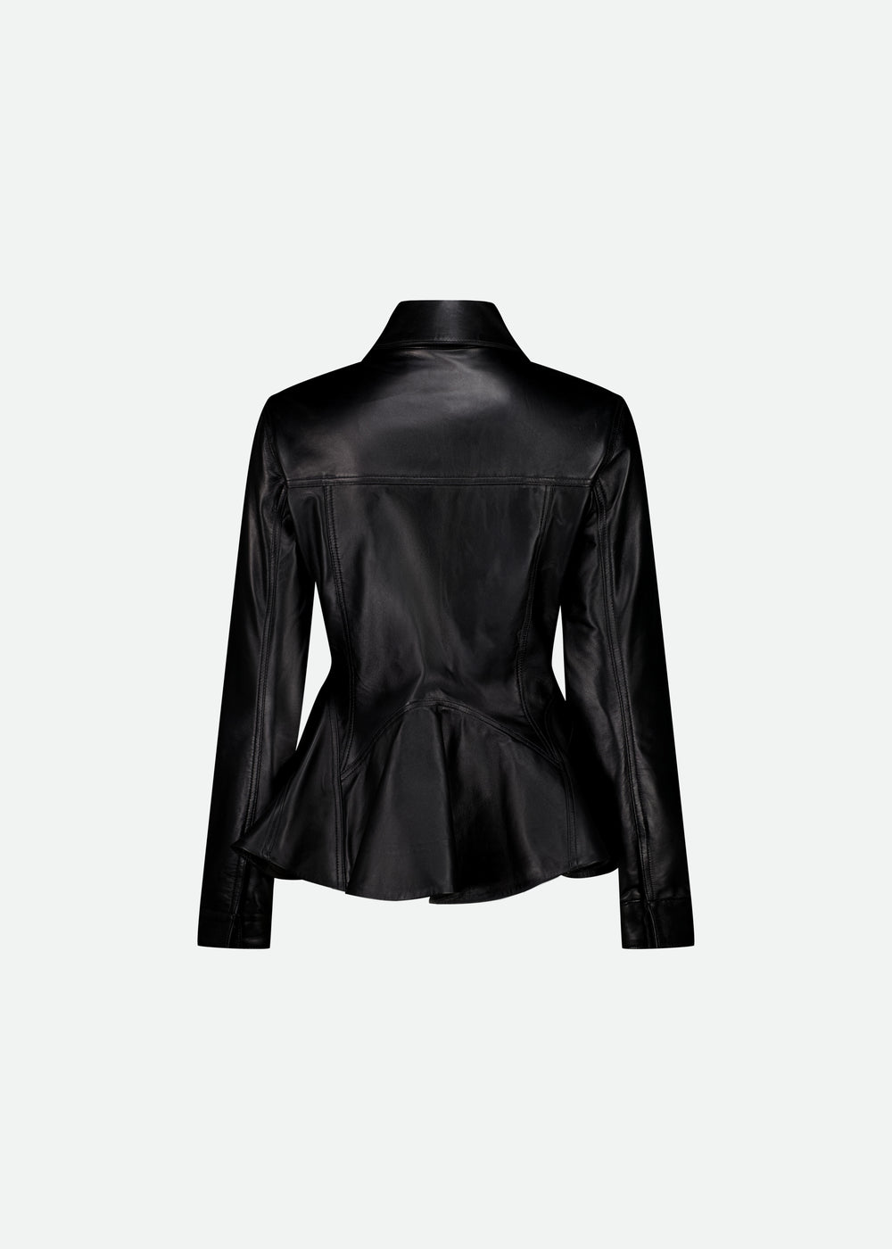 LEATHER TRUCKER JACKET W/ FLARED PEPLUM WAIST