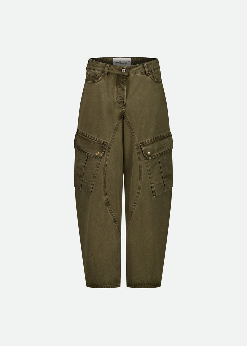 DENIM KHAKI PANTS WITH BALLOON CUT LEGS AND CARGO DETAILS - 3 Left