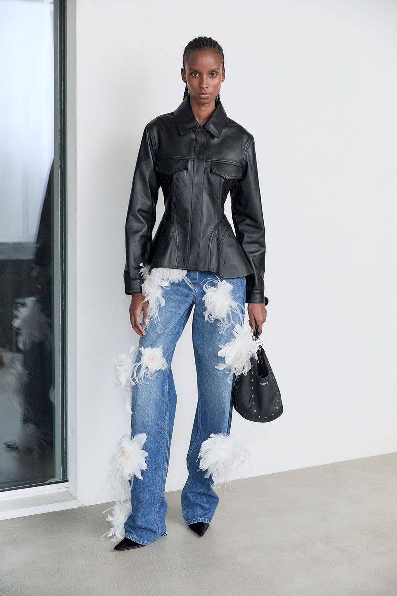 HIGH WAIST STRAIGHT LEG JEANS W/ FEATHER FLOWERS