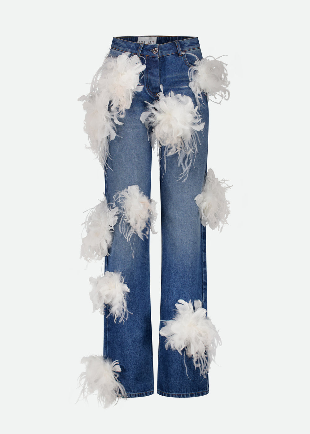 HIGH WAIST STRAIGHT LEG JEANS W/ FEATHER FLOWERS