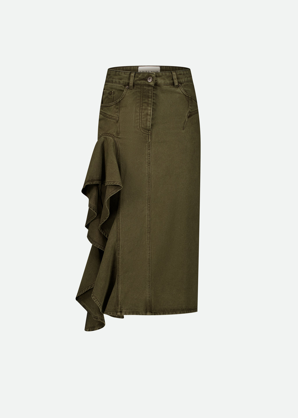 MIDI DENIM KHAKI SKIRT WITH RUFFLE THIGH CUT OUT