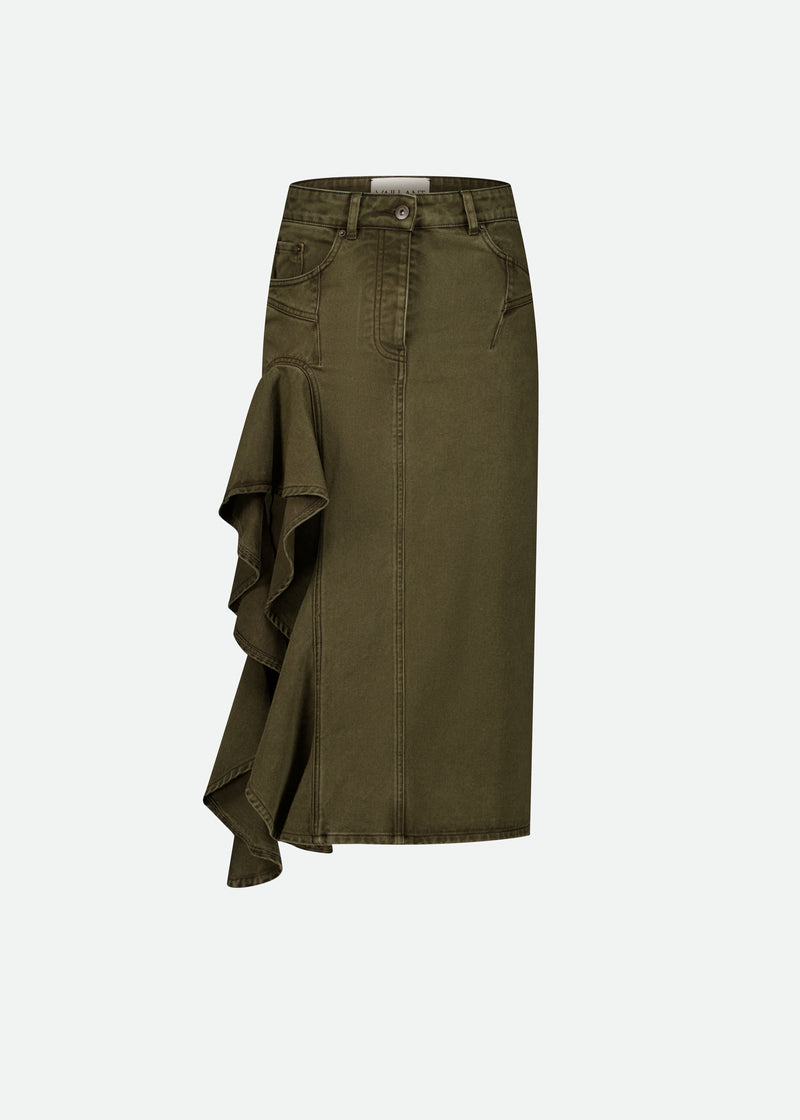 MIDI DENIM KHAKI SKIRT WITH RUFFLE THIGH CUT OUT