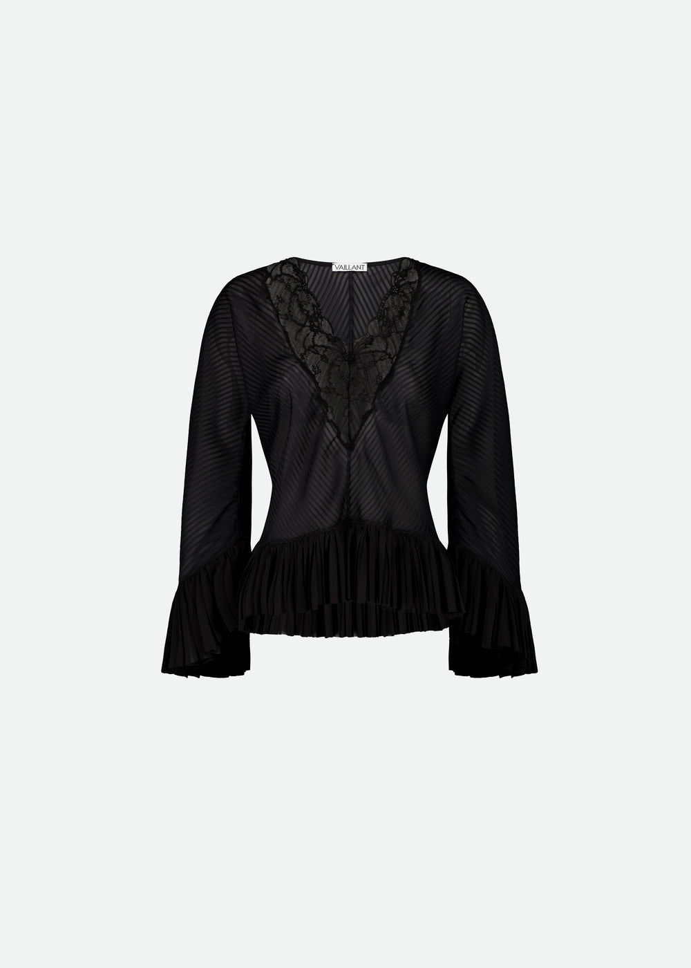 BIAS CUT V-NECK TOP W/ PLEATS AND LACE DETAILS