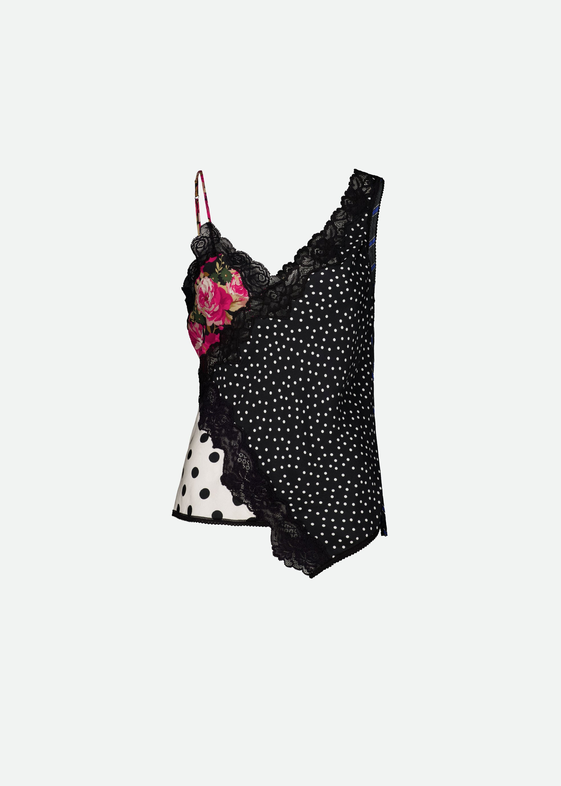 PATCHWORK PRINT ASYMMETRIC TANK TOP WITH  LACE DETAIL