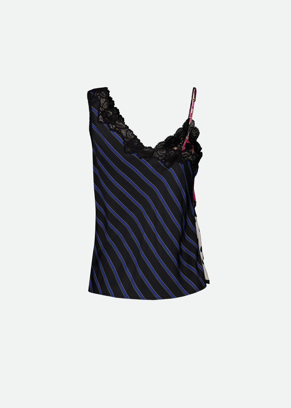 PATCHWORK PRINT ASYMMETRIC TANK TOP W/ LACE DETAIL