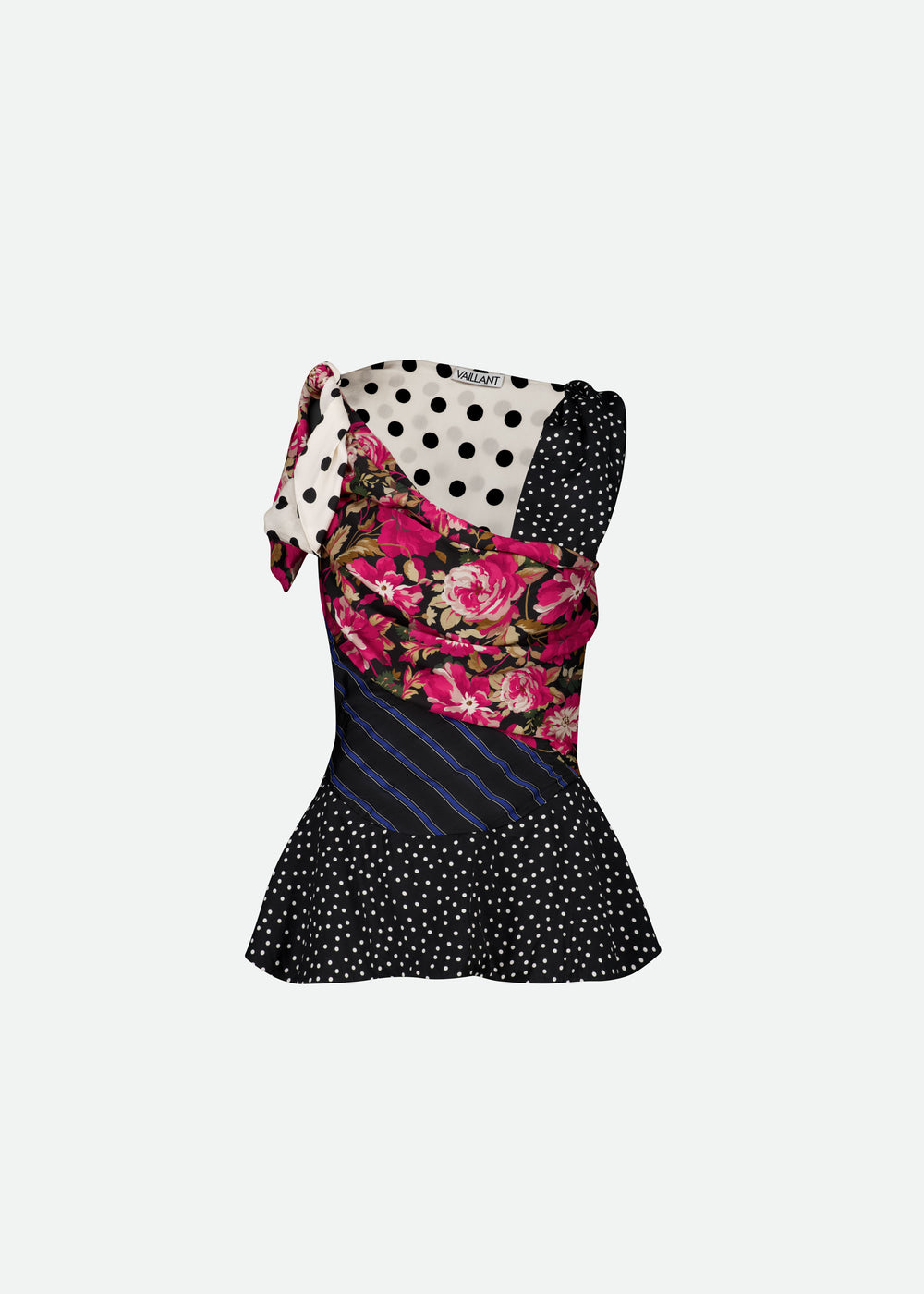 PATCHWORK PRINT ASYMMETRIC DRAPED TOP W/CORSET