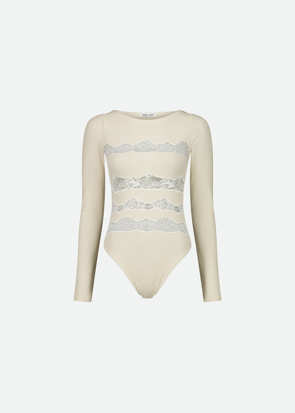 LONG SLEEVE BODYSUIT W/ HORIZONTAL LACE CUTOUTS