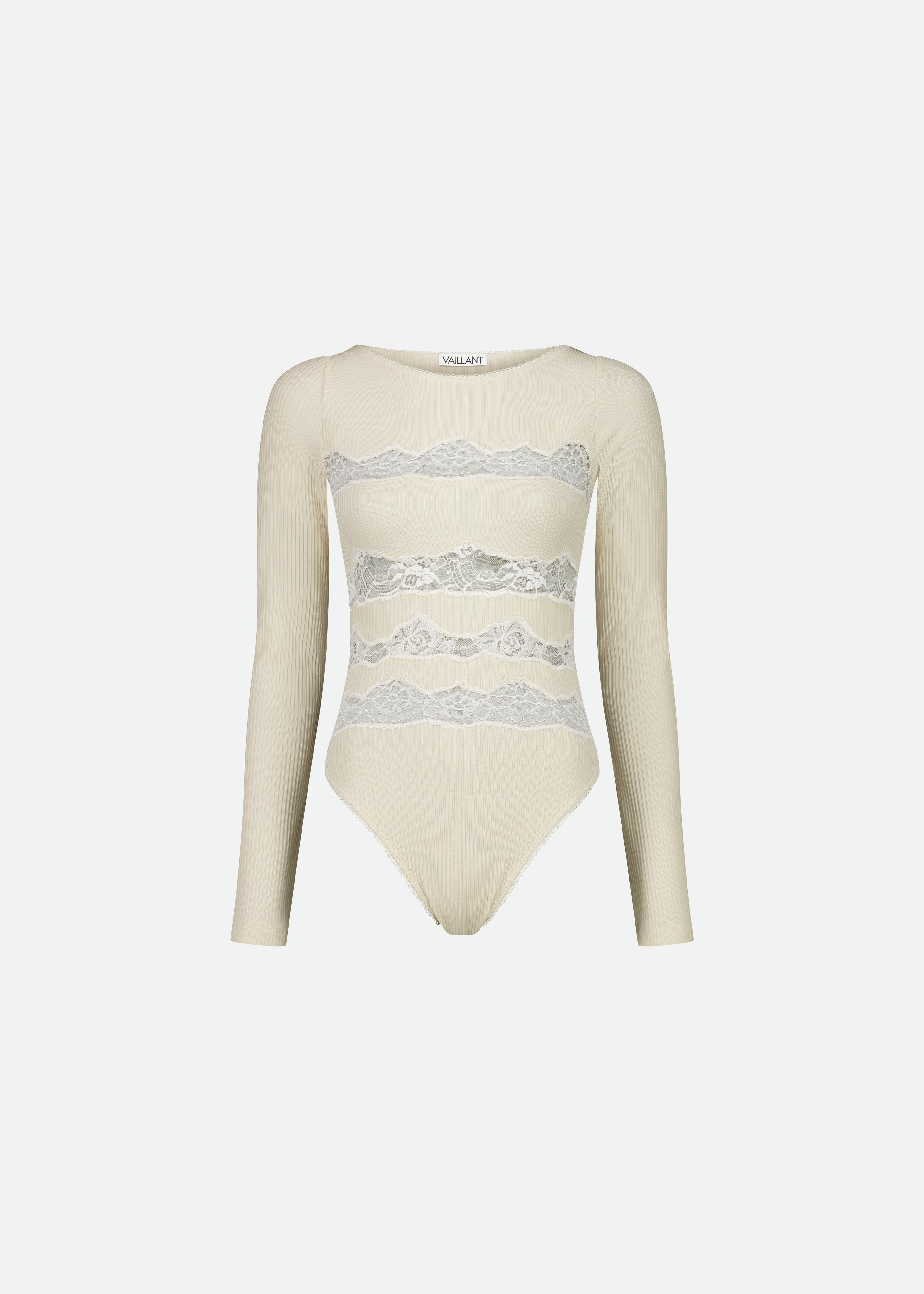 LONG SLEEVE BODYSUIT W/ HORIZONTAL LACE CUTOUTS