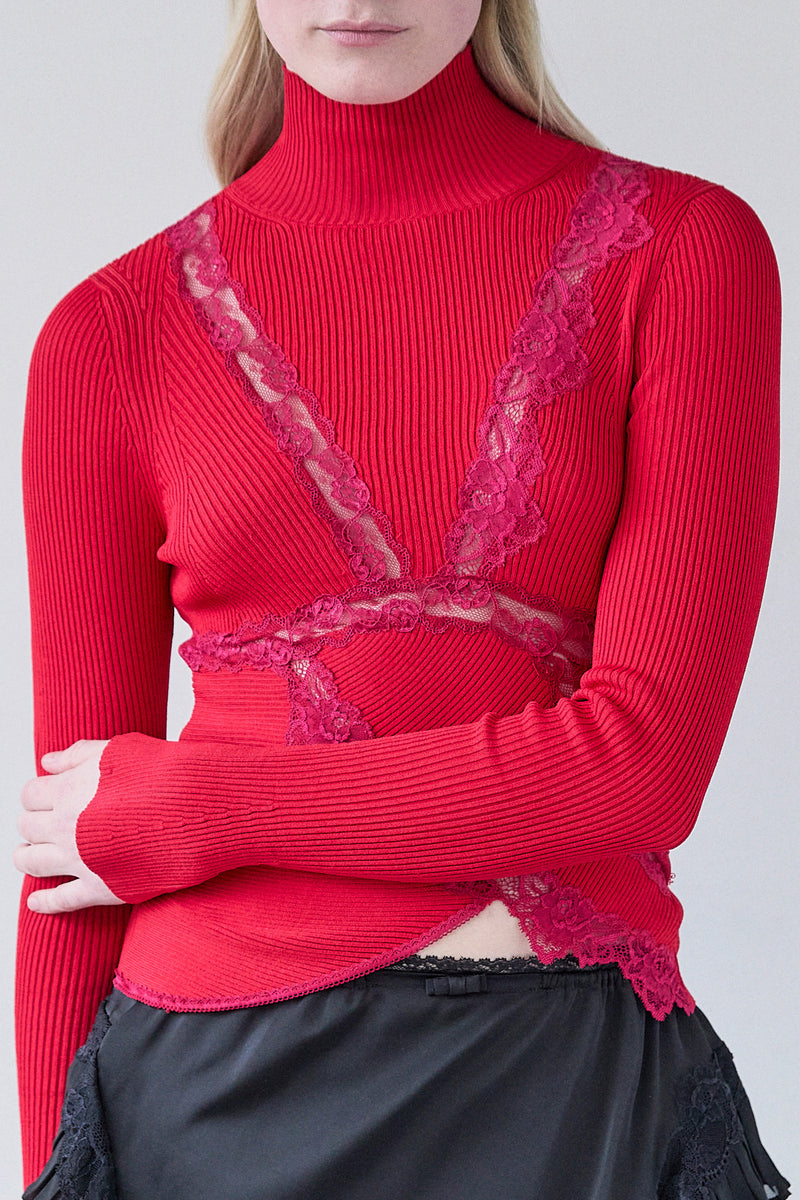 ASYMMETRIC PATCHWORK TURTLENECK W/ LACE DETAILS