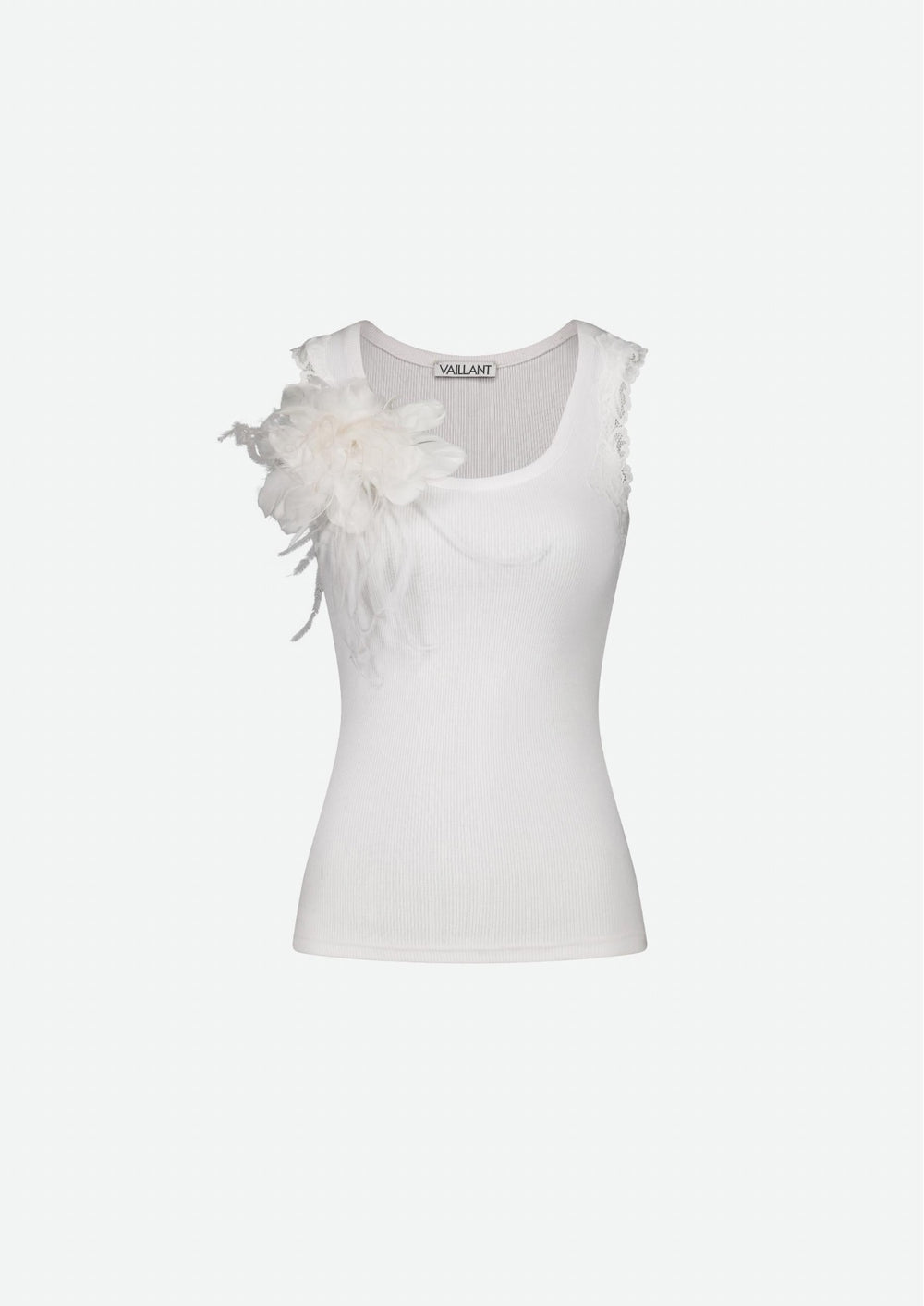 TANK TOP W/ FEATHER BROACH & LACE NECKLINE DETAILS