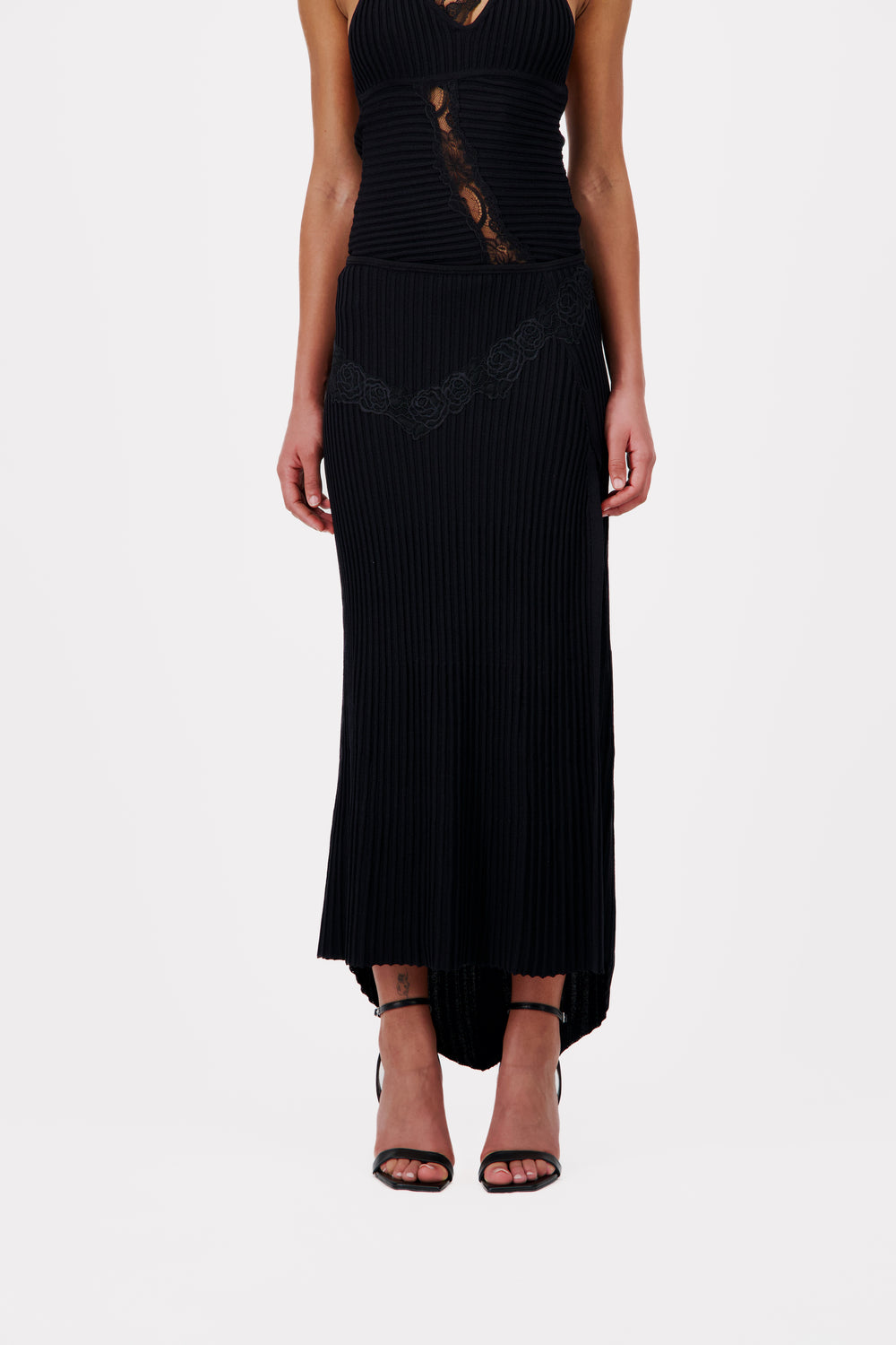 Rib Knit Flared Skirt With Lace Trim - Vaillant Studio