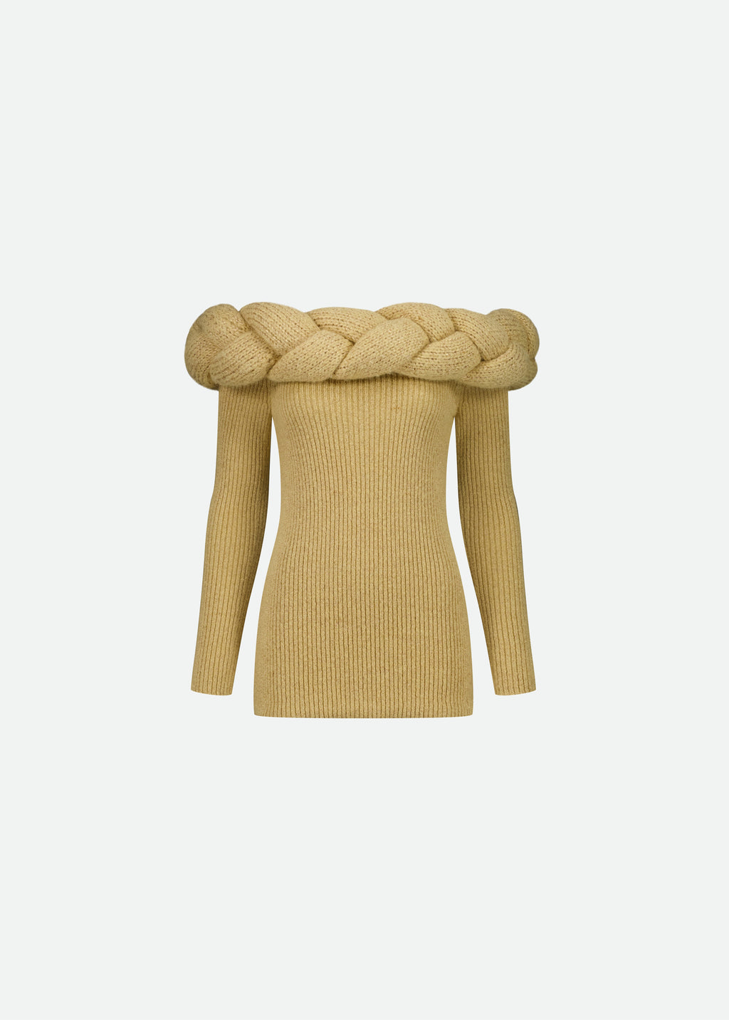 KNIT COLUMN GOLD MINI DRESS WITH MAXI BRAIDED COLLAR