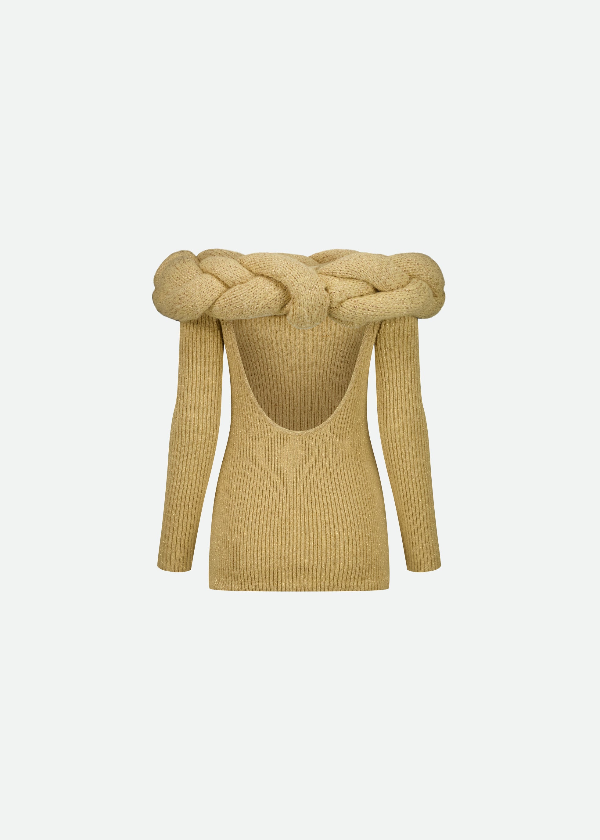 KNIT COLUMN GOLD MINI DRESS WITH MAXI BRAIDED COLLAR