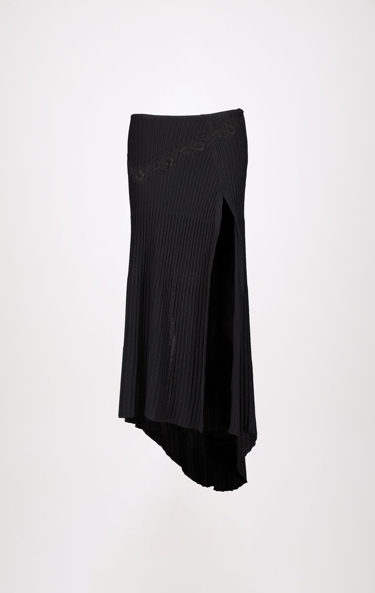 Rib Knit Flared Skirt With Lace Trim