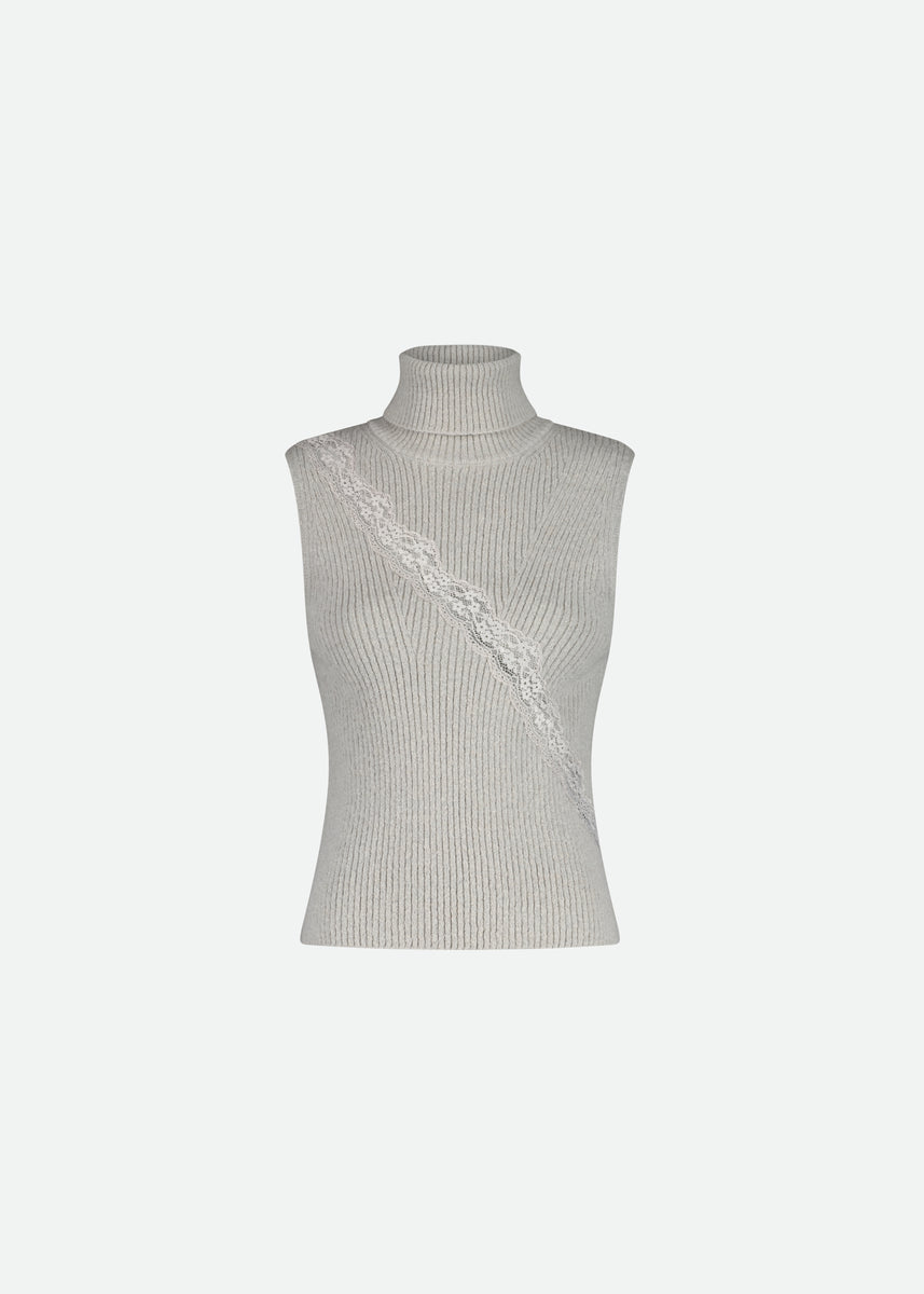 KNIT TURTLENECK VEST WITH LACE DETAIL