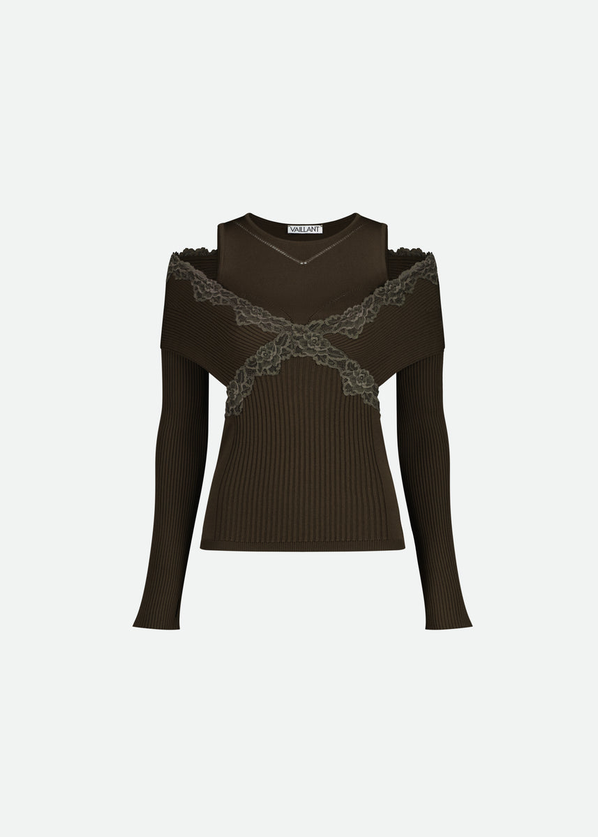 LONG SLEEVE SPLIT OFF-SHOULDER KNIT TOP