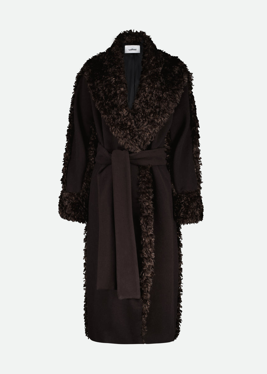 RELAXED FIT WOOL FELT WRAP COAT W/ FAUX FUR TRIM - Last one