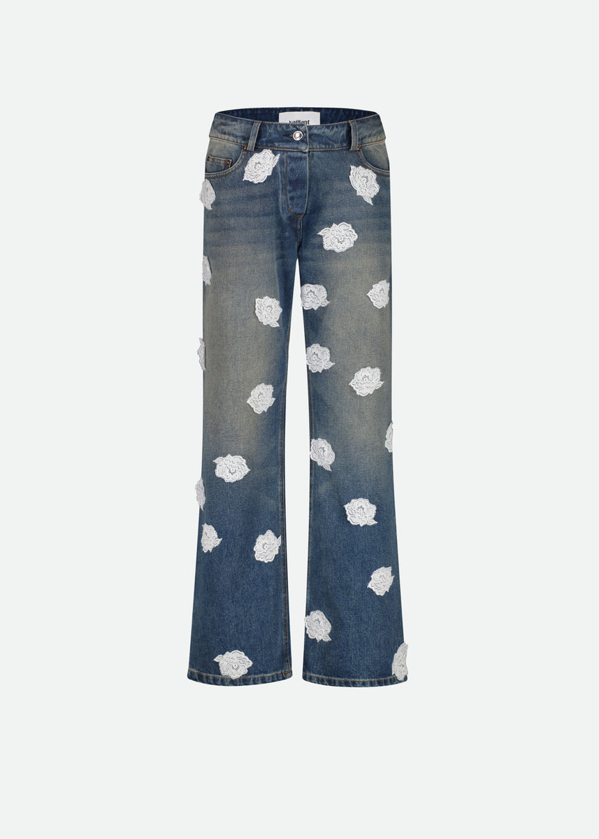 WASHED AND STAINED DENIM JEANS W/ LACE POLKA DOTS